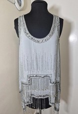 River Island Silver/Grey Beaded Fringe Top Size 12 Sparkly Party Women's 