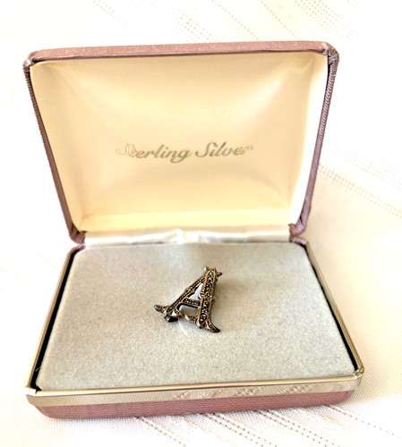 Vintage Inital Letter A Pin Brooch Sterling Silver Marcasite in box EUC
