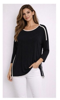 GRACE Fluid Black w White Contrasting Trim Tunic Top 3/4 Slv Stretch NWT 1X
