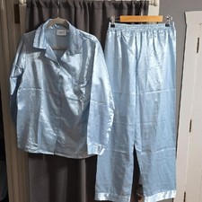 VTG NWT National Women's Satiny Feel Pajama Set Baby Blue Button Up Sz M