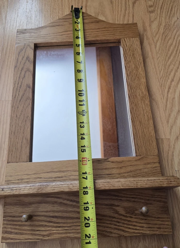Vintage Solid Oak Wall Mirror with Shelf & 3 Peg Hooks Rustic Country 21x13 - Image 3 of 4