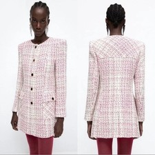 ZARA Jacket Textured Tweed Multicolored Pink White 8735/118 Size M Bloggers Fav