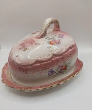 Antique Vintage Porcelain Cheese Keeper w/ Lid Colorful Flowers & Gold Details