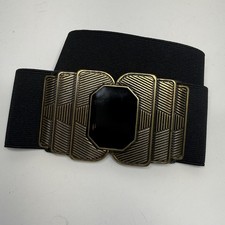 Vintage Another Line Art Deco Style Buckle Black Elastic Stretch Belt Sz S/M