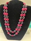 VTG. Double Necklace  pink molded plastic ornate blue. Gold Spacers. Hong Kong — photo 1