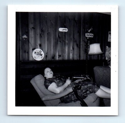 Old Vintage Square Photo SOLO WOMAN SITTING IN ARMCHAIR LIVING ROOM SNAPSHOT
