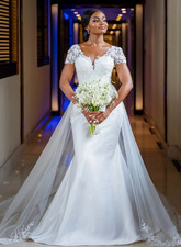 Mermaid African Wedding Dresses Satin V Neck Short Sleeves Beach Bridal Gowns