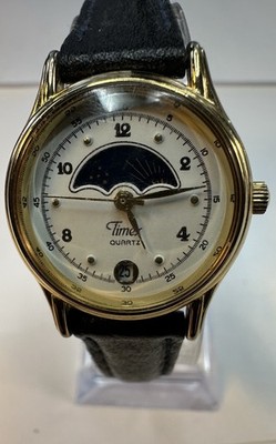 Timex Quartz Sun & Moon Phase Watch Gold Case White Dial Blue Leather Band