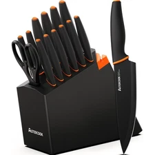 ASTERCOOK KITCHEN KNIFE SET WITH BUILT-IN SHARPENER, 15 PIECE, BLACK/ORANGE