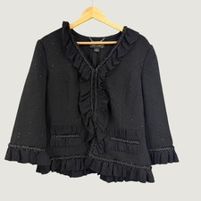 St John Couture Jacket 10 Black Sequin Ruffle Tweed Silk Lined Evening Blazer
