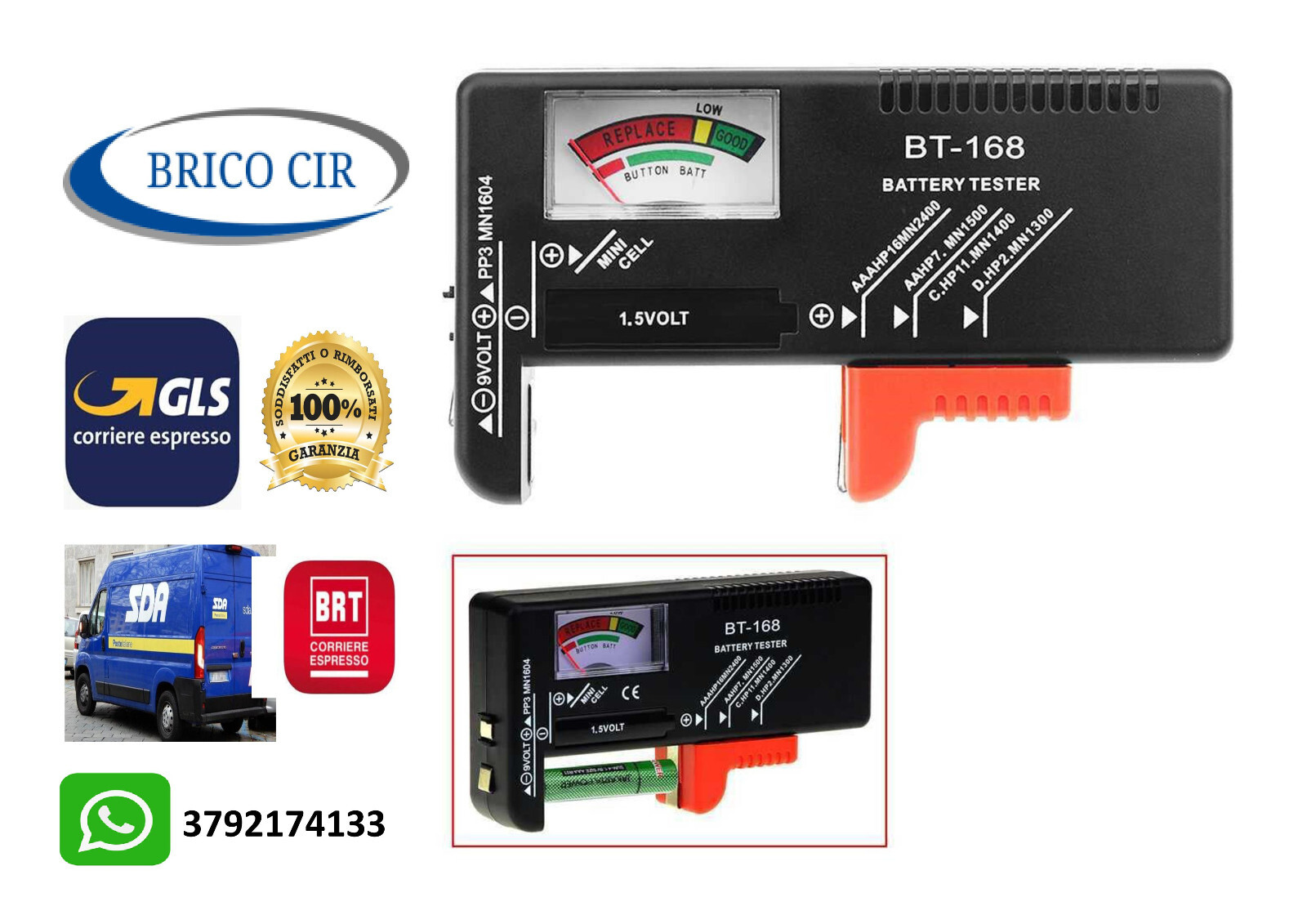 Tester Pile Batterie Carica Batteria 1,5 9 V AA A C D Bottone Button Nero BT-168