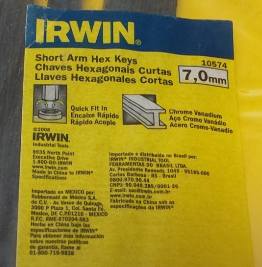 Irwin 7mm Short Arm L-Shaped Hex Key Set, 5 Pc - NEW #10574