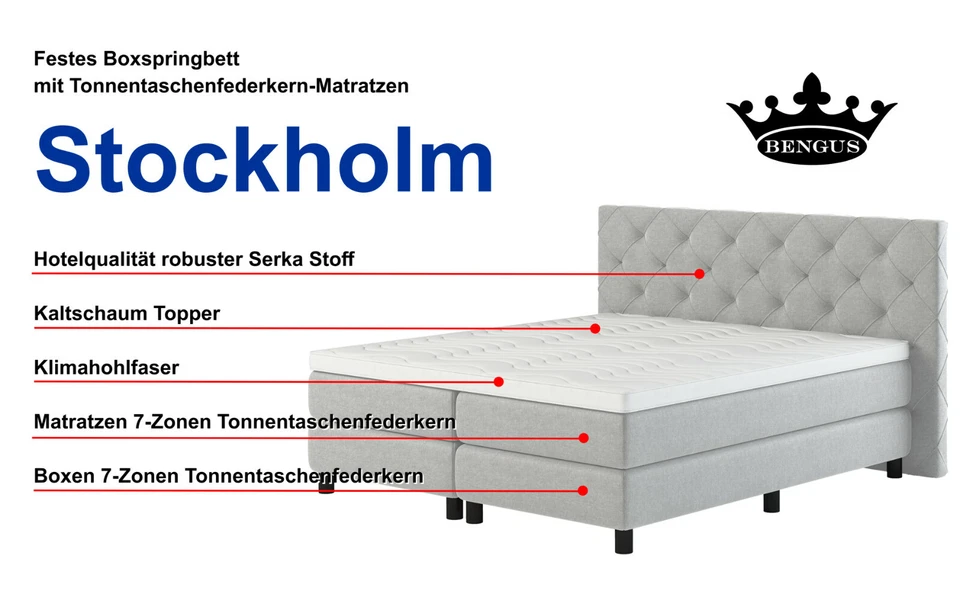 Boxspringbett Stockholm 7-Zonen Taschenfederkern Matratzen 180x200 H3 - Bild 4 von 4