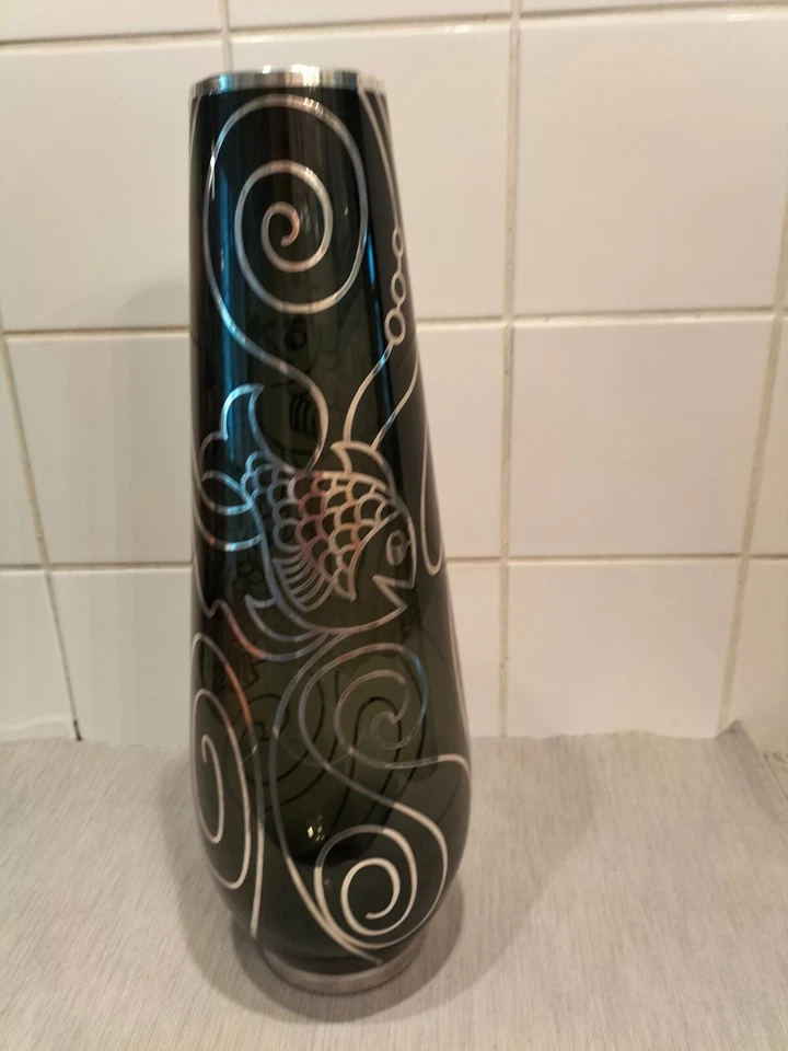 große antike Silver Overlay Glas Vase Spahr Motiv Fische 41 cm - Bild 3 von 4