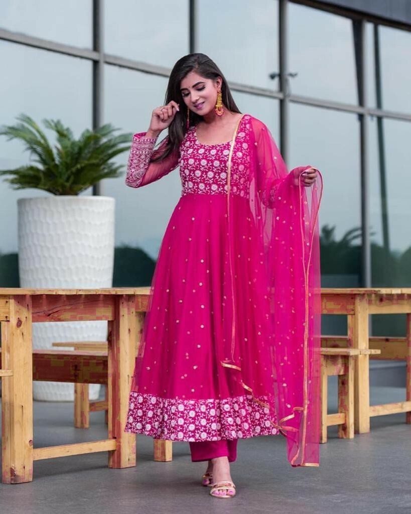 designer indian anarkali dresses Teal Green Anarkali Gown Set with Floral Embroidery Dupatta Festive Wedding  Party Wear Indian Ethnic Dress for Women Designer Outfit Gift