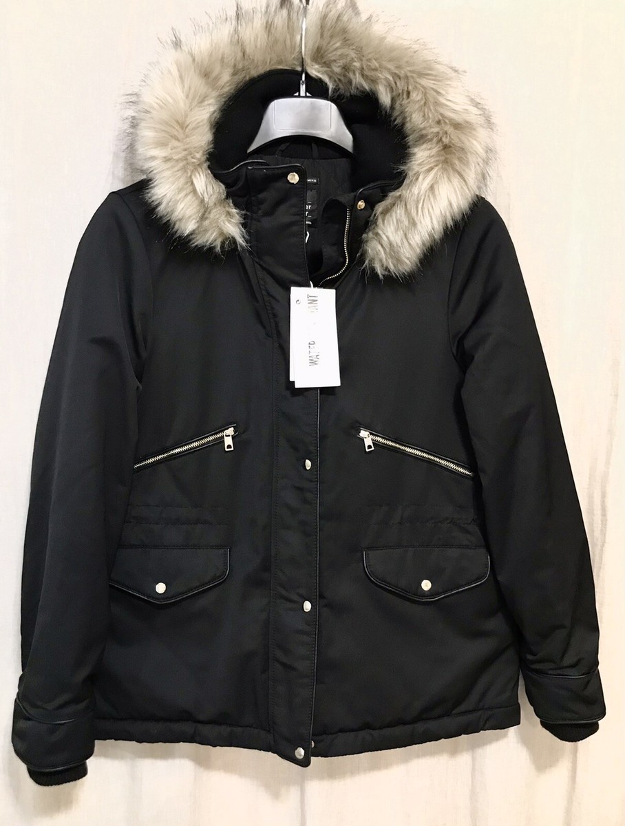 ZARA Trafaluc Outerwear Fur Trim Hood Quilt Lined Black