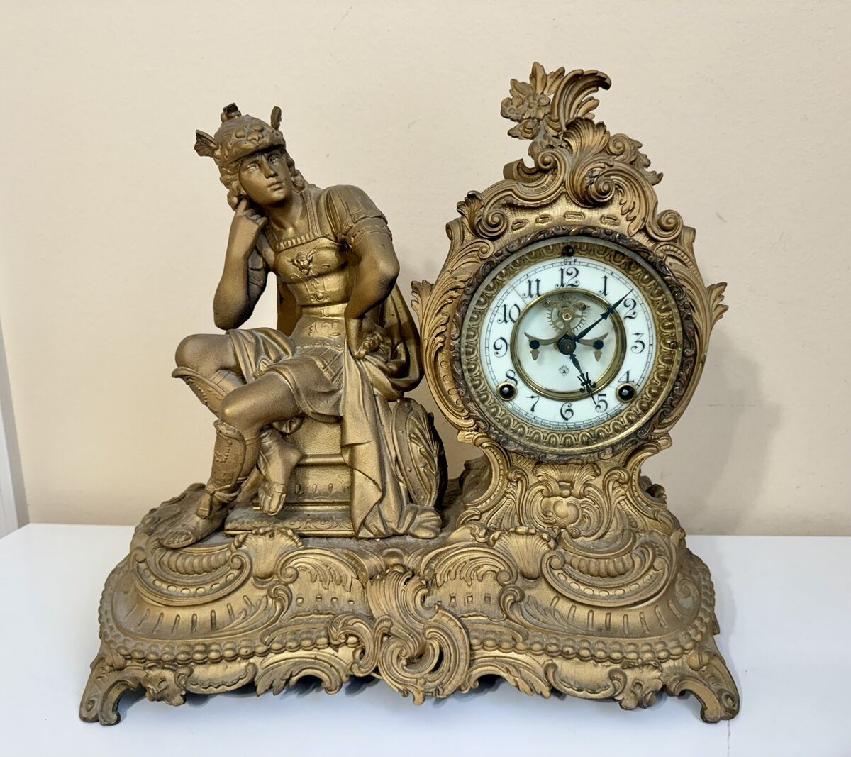 antique 1890s Ansonia Mercury Figural Statue Mantle Open antique 1890s Ansonia Mercury Figural Statue Mantle Open