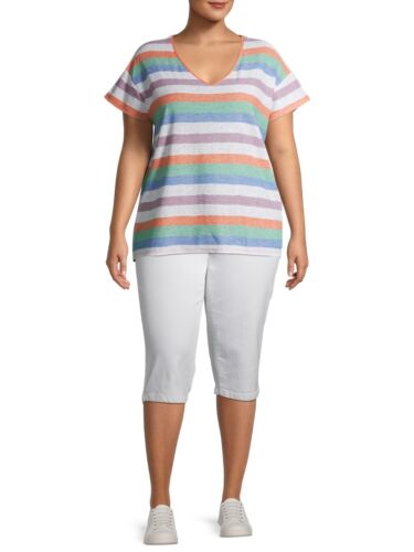 T-shirt a righe Terra & Sky taglie forti collo a V con maniche corte, multi, 0X (14W) - Foto 2 di 2