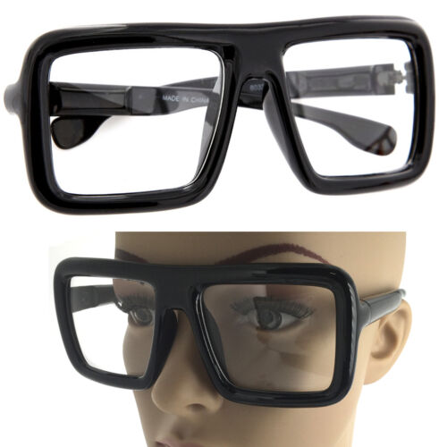 Große dicke Retro Nerd fett große übergroße quadratische Rahmen klare Gläser Brille schwarz - Bild 1 von 11