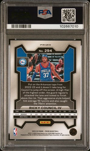 2023 PANINI PRIZM RICKY COUNCIL IV PHILADELPHIA 76ERS SILVER PRIZM PSA 10 - Picture 2 of 2
