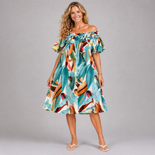 ROCKTHOSECURVES WOMENS Abstract Print dress with ruffled bardot neckline