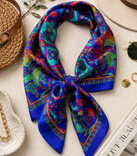 Vintage Blue Floral Paisley Scarf Square Satin Boho Head Neck Hair Wrap Retro 30