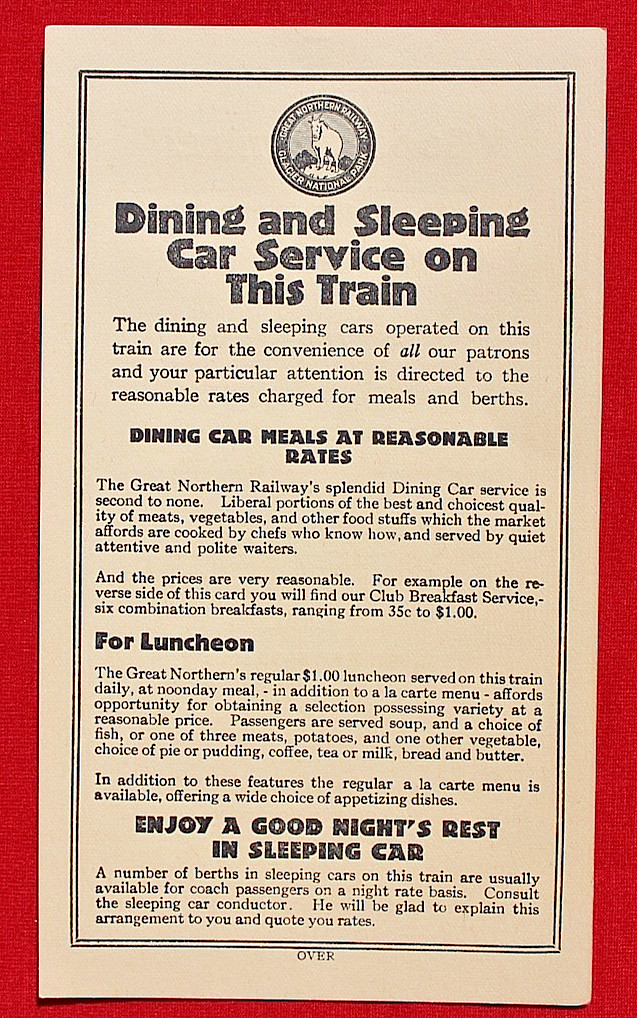 Great Northern Railroad Breakfast Menu Dining & Sleeping Car Railway Advertising