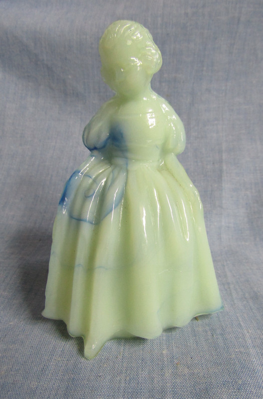 ROSSO GLASS CHARLOTTE COLONIAL LADY FIGURINE YELLOW & BLUE OPAQUE GLOWS URANIUM