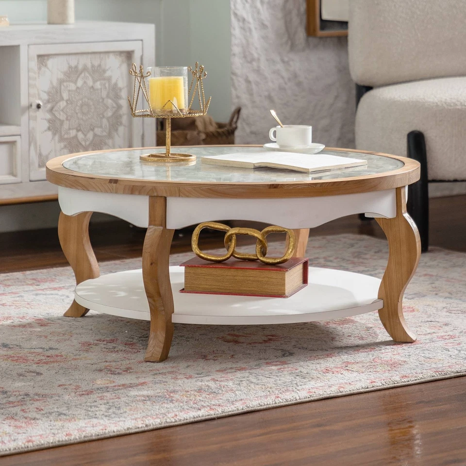 31.5'' Solid Wood Coffee Table French Style Round End Table with Tempered Glass - Image 4 of 4