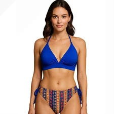 Zaful Royal Blue Tribal Print High Waisted Bikini Set XL Lace Up Strappy READ