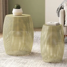 Drum Shaped Side Table Set Hollow Round Accent End Table for Living Room Bedroom