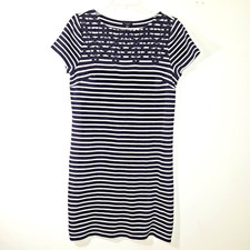 Talbots Striped Knit Navy Dress Womens Med Petite Embroidery EUC