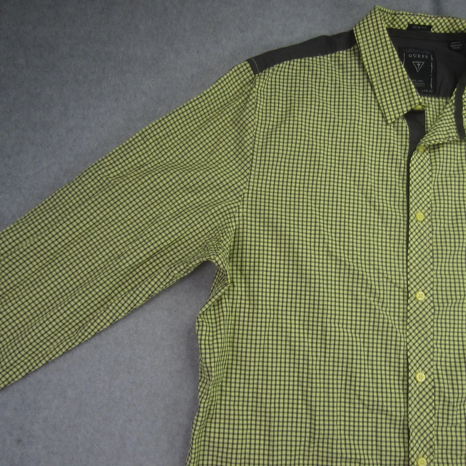 GUESS Shirt Mens XL Yellow Green Plaid Slim Fit Button Up Long Sleeve Casual UAE - Image 3 of 4