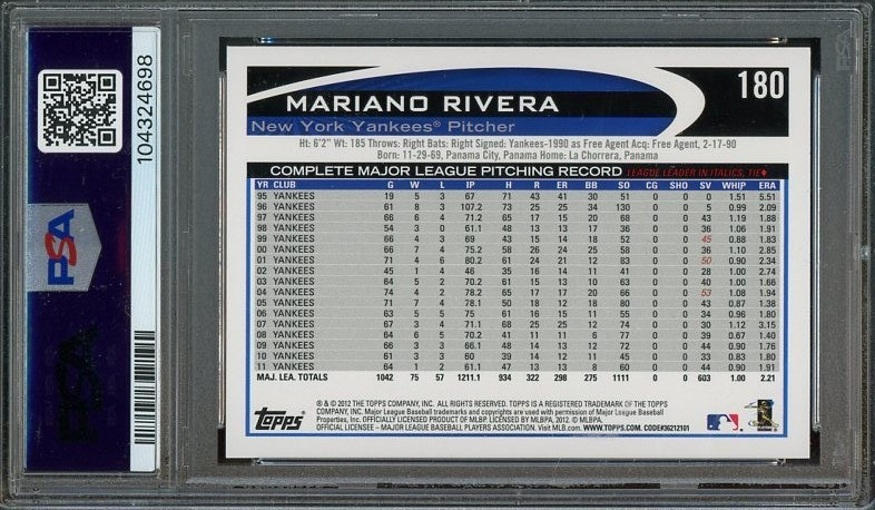 2012 Topps #180 Mariano Rivera MINT PSA 9 New York Yankees 4698 view 2