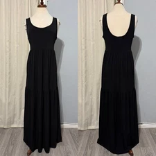 AB Studio Black Sleeveless Tiered Maxi Peasant Stretch Dress Women XL Tank Style