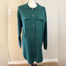 By Design forest green warm midi sweater dress button up collar roomy pockets M