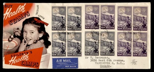 DR WHO 1954 NEW ZEALAND FDC HEALTH STAMP SEMI POST BLOCK COMBO M72198