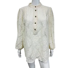 ZIMMERMANN White Cotton Lace Button Accent Long Collared Sleeve Blouse Size 4