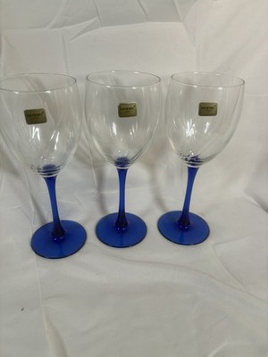 Set Of 3 Vintage Luminarc Cobalt Blue Stem 8  Water Wine Glasses NWT