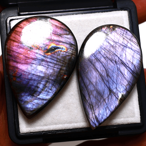 2 Pcs Finland Natural Labradorite Purple Flash 40mm-41mm Pear Cabochon Gemstones - Picture 9 of 9