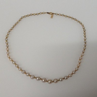 Marvella Signed Imitation Pearl Beaded Chain Necklace Gold Tone Spring Ring