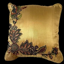 Croscill Floral Embroidered 15"x 15" Throw Pillow Gold Decor Corded Trim EUC