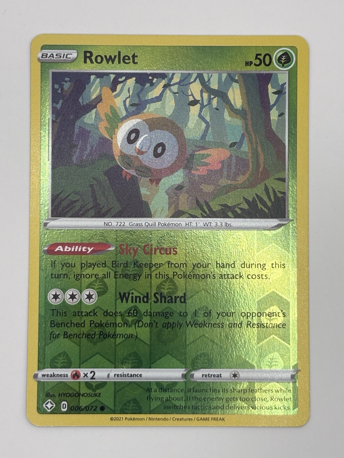 Rowlet 006/072 Common Shining Fates Pokemon Reverse Holo Near Mint