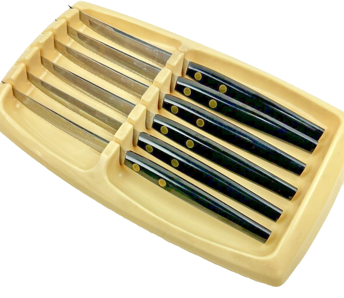 VTG MCM Robinson USA 5-Inch Stainless Steel Steak Knives with Black Composite Handle