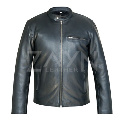 Herren Echt Rindsleder Schwarz Cafe Racer Jacke Top Grain Moto Biker Mantel