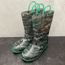 Western Chief Kids T-REX Dinosaur Roar Lighted Rain Boots - Charcoal Green Sz 11