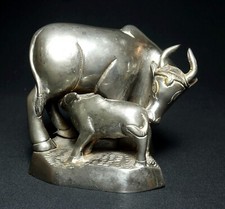 ANTIQUE TRADITIONAL INDIAN RITUAL BRONZE COW AND CALF SILVER PLATED COLLECTIBLE