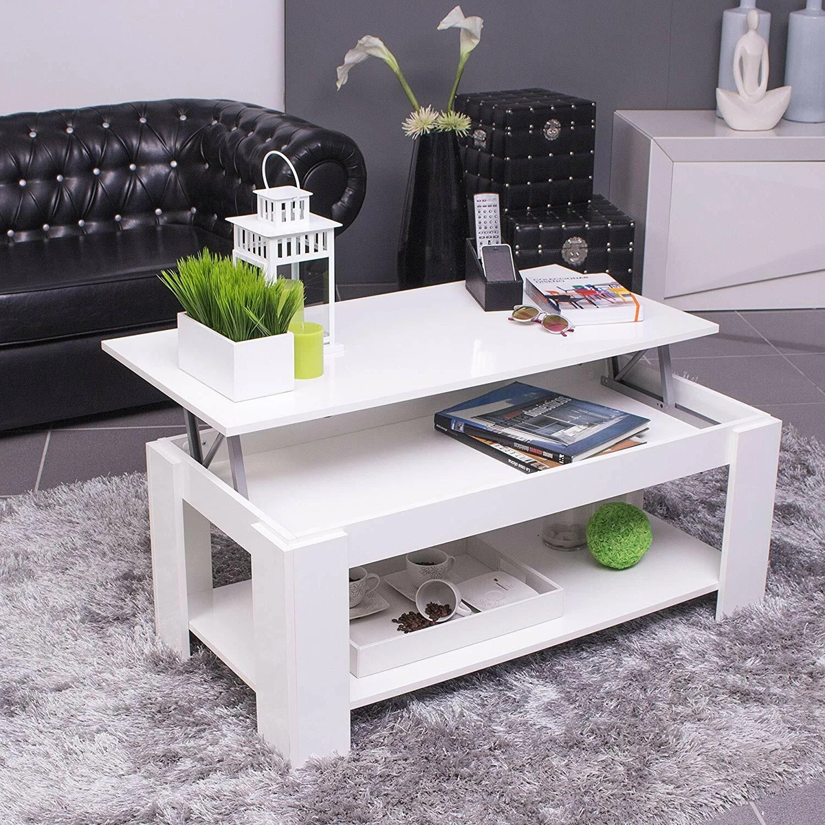 ANSEL Lift Up Top Storage Coffee 2 Tier Table Living Room Furniture Chunky White