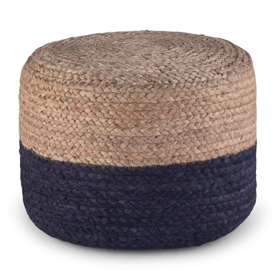 Round Pouf Footstool Upholstered in Navy Natural Braided Jut...