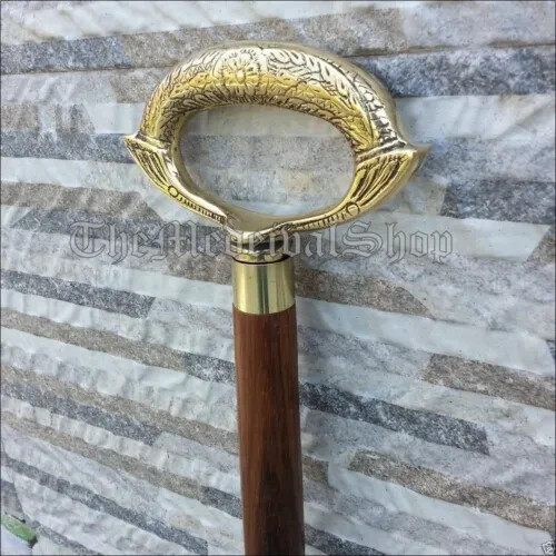Antique Solid Brass Golden Finish Head Handle Style Wooden Walking Stick Cane - Picture 4 of 5